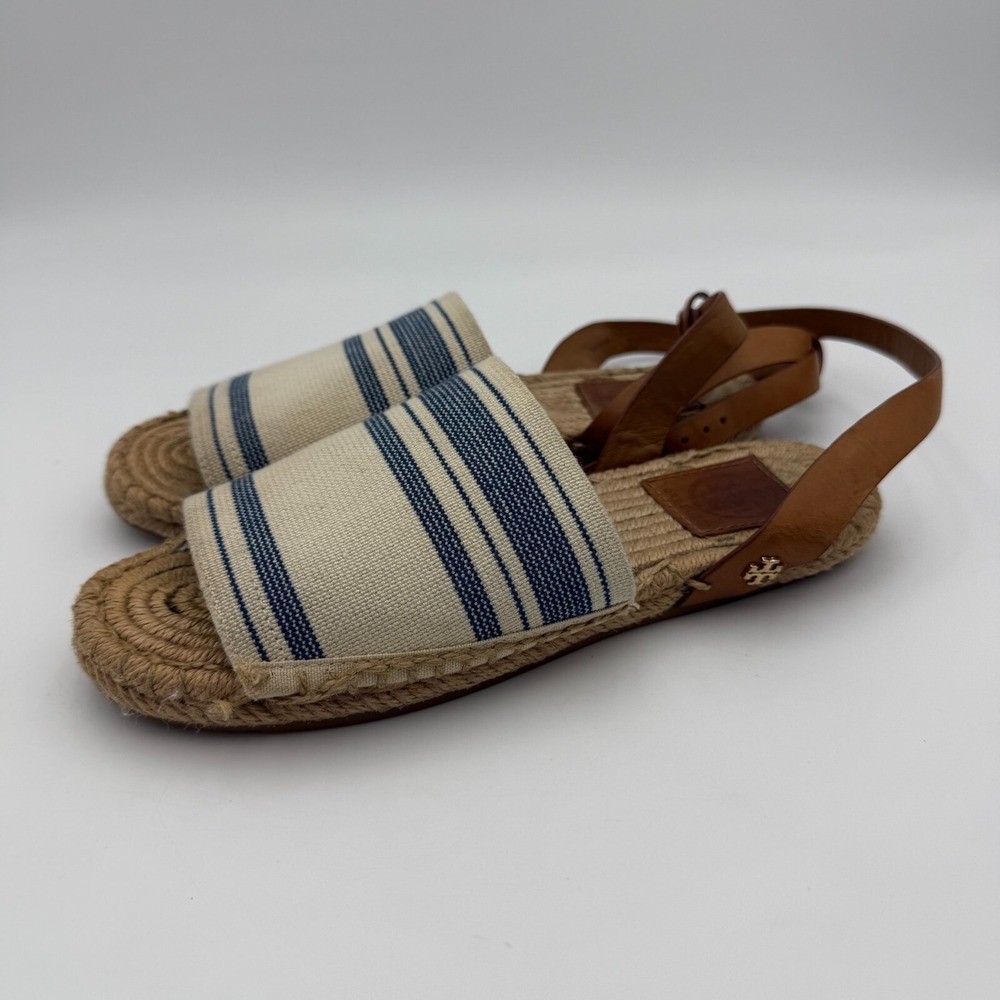 Tory Burch Sandal Womens 5 Ivory/Blue Stretch-Canvas Espadrille Awning Beachy